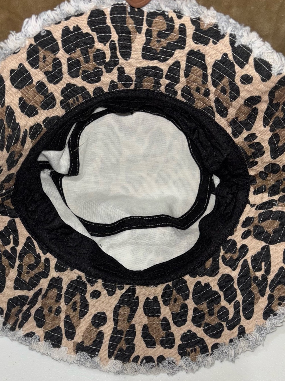 Leopard Print Frayed Edge Bucket Hat - Tan/Black 100% cotton - Picture 3 of 3
